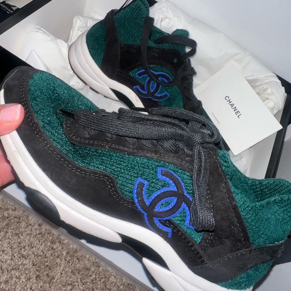 CHANEL women’s Sneakers in Green and Black with Blue Accents